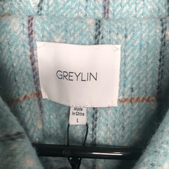 NWT Greylin Sammy Puff Sleeve Shacket Powder Blue Check Print Size L Wool Blend - Picture 6 of 16